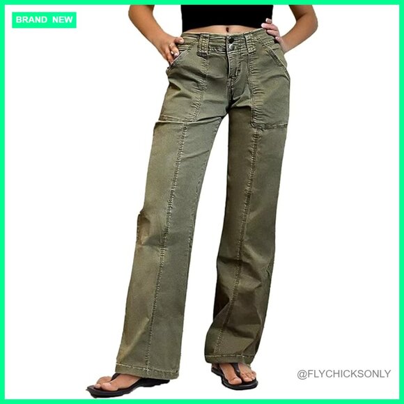 Pants - Straight Leg Mid Rise Pants, Cotton Spandex, Flap Pocket Casual Wear